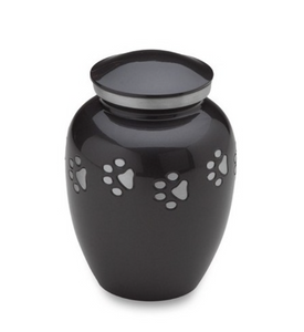 Dog Cremation Urn, Black with a Diamond Cut Silver Paw Print Pattern