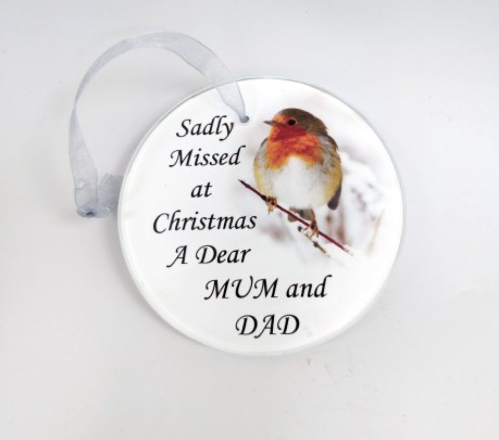 Robin 'Missed At Christmas' Glass Hanging Decoration - Mum and Dad