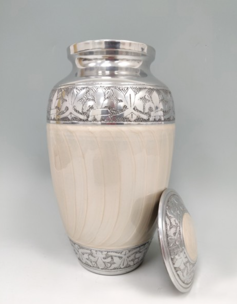 Silver and Cream White Adult Metal Urn