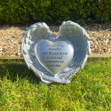 Load image into Gallery viewer, Angel Wings Heart Outdoor Memorial In Silver - Mum and Dad
