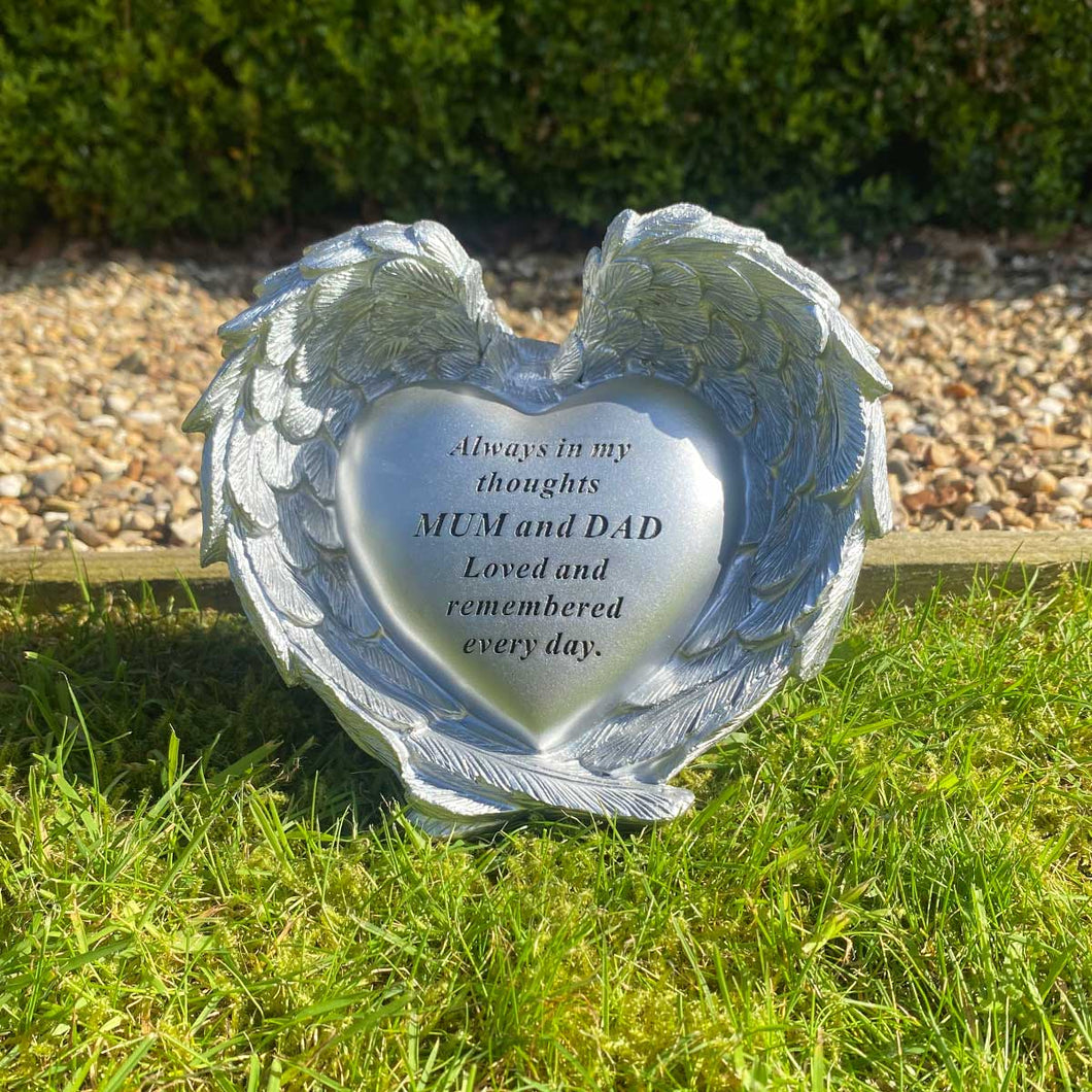 Angel Wings Heart Outdoor Memorial In Silver - Mum and Dad