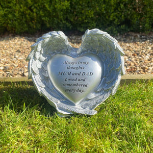 You added Angel Wings Heart Outdoor Memorial In Silver - Mum and Dad to your cart.