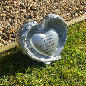 Angel Wings Heart Outdoor Memorial In Silver - Mum and Dad