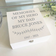 Load image into Gallery viewer, Personalised Memorys &amp; Keepsake Box. Wood. White, Coloured Text. Your Own Message