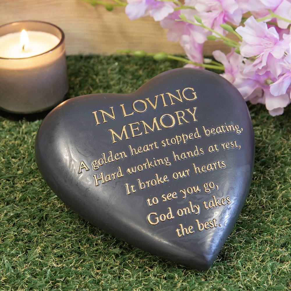 Outdoor Memorial Tribute. Black Heart Shaped Stone. 'In Loving Memory'.
