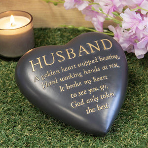 Outdoor Memorial Tribute. Black Heart Shaped Stone. 'Husband'.