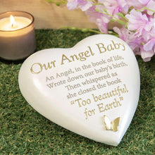 Load image into Gallery viewer, Outdoor Memorial Tribute. White Heart Shaped. Gold Butterfly. &#39;Our Angel Baby&#39;.