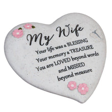Load image into Gallery viewer, Outdoor Memorial Tribute. Heart Stone. Pink Flower / Butterfly Mofits. &#39;My Wife&#39;.