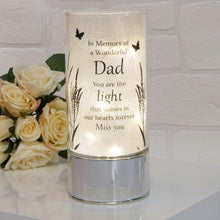 Load image into Gallery viewer, Memorial Indoor Cylinder Lantern. Butterfly Meadow. &#39;A Wonderful Dad&#39;.