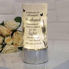 Load image into Gallery viewer, Memorial Indoor Cylinder Lantern. Butterfly Meadow. &#39;A Wonderful Husband&#39;.