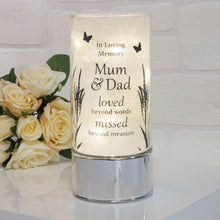 Load image into Gallery viewer, Memorial Indoor Cylinder Lantern. Butterfly Meadow. &#39;Mum &amp; Dad&#39;.