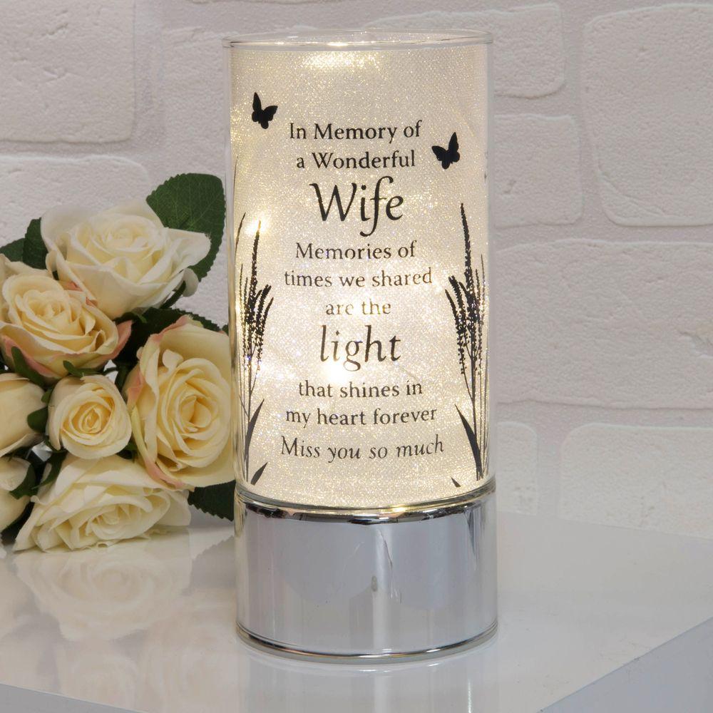 Memorial Indoor Cylinder Lantern. Butterfly Meadow. 'A Wonderful Wife'.