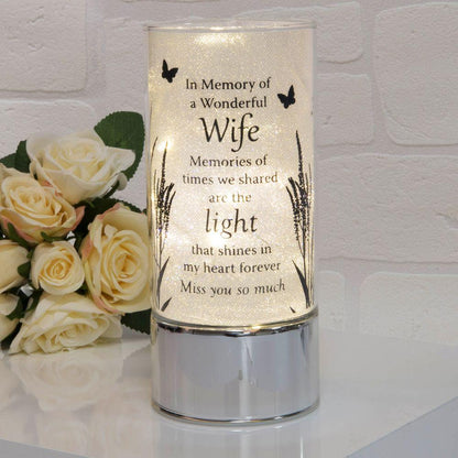 Memorial Indoor Cylinder Lantern. Butterfly Meadow. 'A Wonderful Wife'.