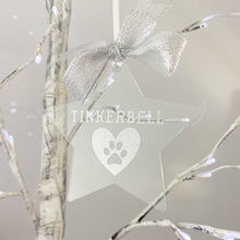 Load image into Gallery viewer, Exclusive to &#39;The Lovely Gift Group&#39;. A star shaped personalised pet memorial. Lovely Christmas tree ornament. Clear acrylic with silver highlights.