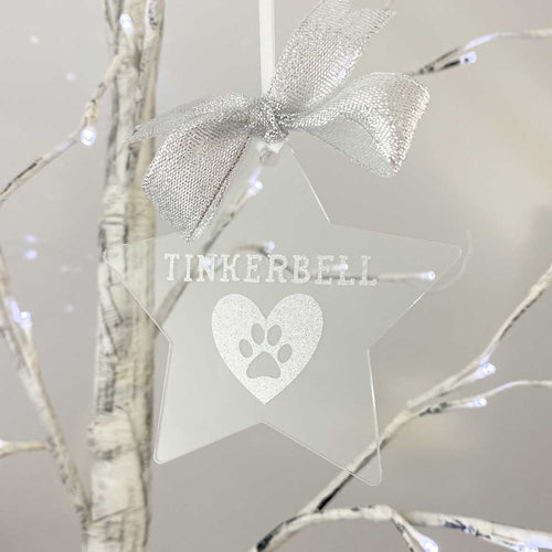 Exclusive to 'The Lovely Gift Group'. A star shaped personalised pet memorial. Lovely Christmas tree ornament. Clear acrylic with silver highlights.