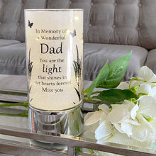 Load image into Gallery viewer, Memorial Indoor Cylinder Lantern. Butterfly Meadow. &#39;A Wonderful Dad&#39;.