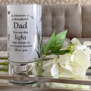 Memorial Indoor Cylinder Lantern. Butterfly Meadow. 'A Wonderful Dad'.