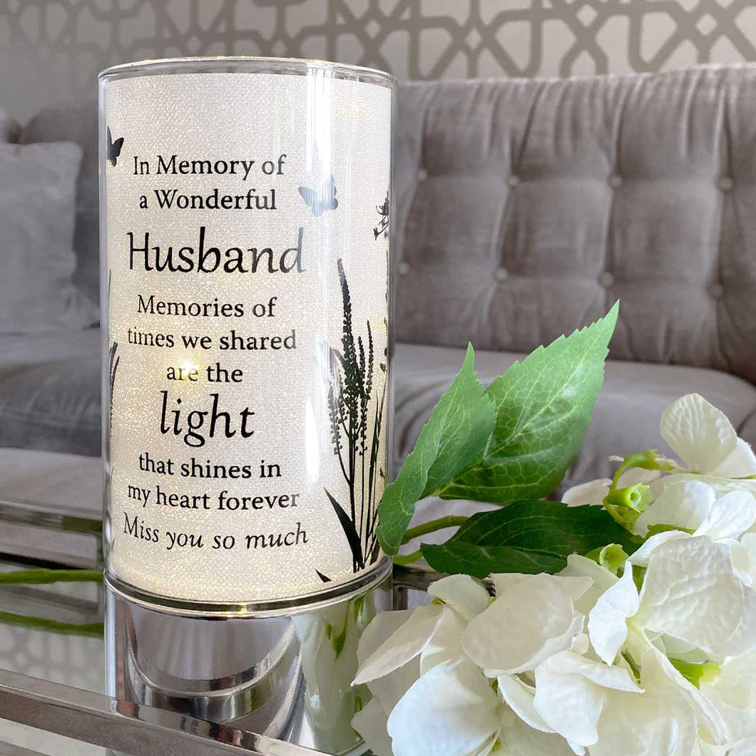 Memorial Indoor Cylinder Lantern. Butterfly Meadow. 'A Wonderful Husband'.