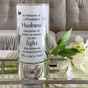 Memorial Indoor Cylinder Lantern. Butterfly Meadow. 'A Wonderful Husband'.