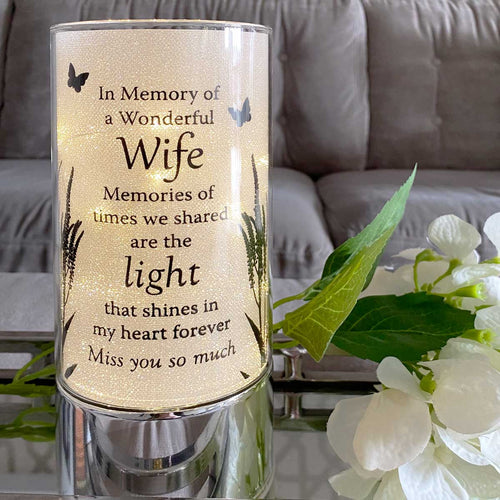 Memorial Indoor Cylinder Lantern. Butterfly Meadow. 'A Wonderful Wife'.