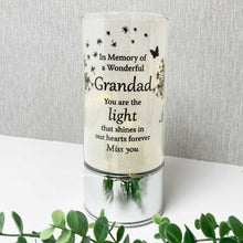 Load image into Gallery viewer, Memorial Indoor Cylinder Lantern. Butterfly &amp; Dandelion Down. &#39;Grandad ... Miss You&#39;.