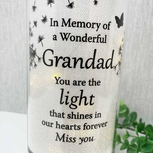 Memorial Indoor Cylinder Lantern. Butterfly & Dandelion Down. 'Grandad ... Miss You'.