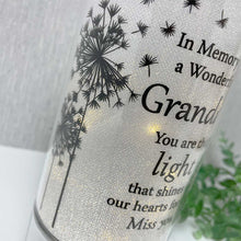 Load image into Gallery viewer, Memorial Indoor Cylinder Lantern. Butterfly &amp; Dandelion Down. &#39;Grandad ... Miss You&#39;.