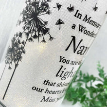 Load image into Gallery viewer, Memorial Indoor Cylinder Lantern. Butterfly &amp; Dandelion Down. &#39;Nan ... Miss You&#39;.