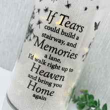 Load image into Gallery viewer, Memorial Indoor Cylinder Lantern. Butterfly &amp; Dandelion Down. &#39;Build A Stairway&#39;.