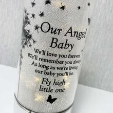 Load image into Gallery viewer, Memorial Indoor Cylinder Lantern. Butterfly &amp; Dandelion Down. &#39;Our Angel Baby&#39;.