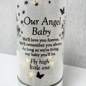 Memorial Indoor Cylinder Lantern. Butterfly & Dandelion Down. 'Our Angel Baby'.