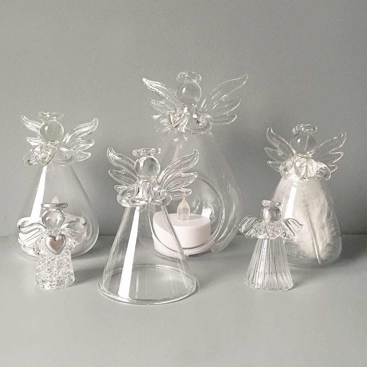Personalised Memorial Angel. Clear Glass. Filled With White Feathers.