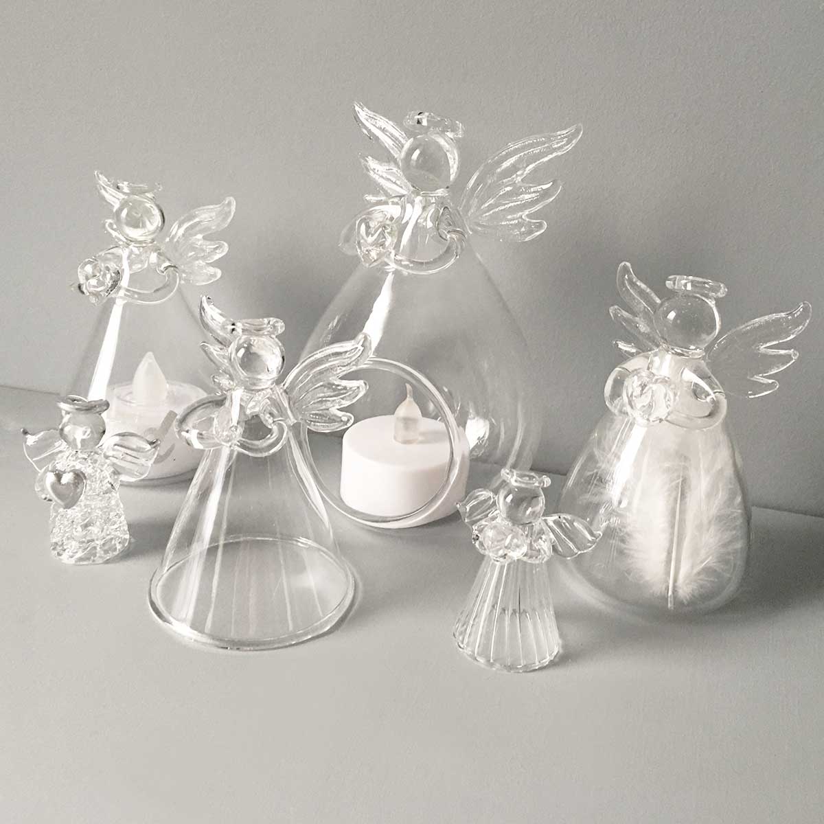 Personalised Memorial Angel. Clear Glass. Filled With White Feathers.