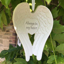 Load image into Gallery viewer, Commemorative Hanging Plaque. Angel Wings / Heart. &#39;Always in My Heart&#39; Sentiment.