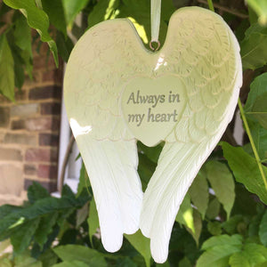 You added Commemorative Hanging Plaque. Angel Wings / Heart. 'Always in My Heart' Sentiment. to your cart.