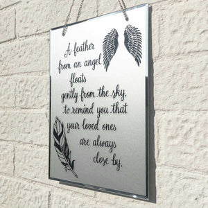 Condolence Mirror. Feather/Angel Wings Motif. 'Your Loved Ones Are Always Close By.'