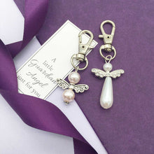 Load image into Gallery viewer, Memorial Keyring. Guardian Angel. Pearly Beads. Silver Wings. Baby Or Child.