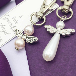 Memorial Keyring. Guardian Angel. Pearly Beads. Diamante Wings.