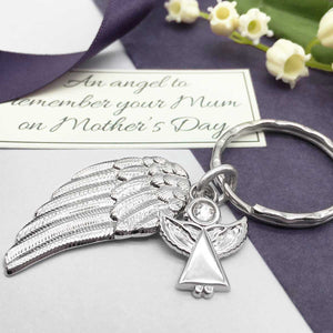 Memorial Keyring. Diamante Angel & Angel Wing Charms. Mother's Day Remembrance.
