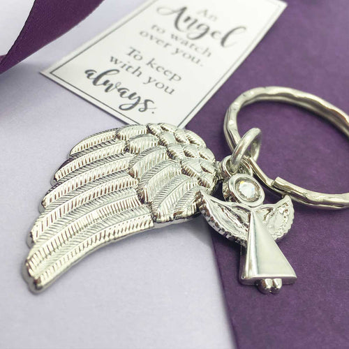 Memorial Keyring. Diamante Angel & Angel Wing Charms. 'Always With You' Engraved.