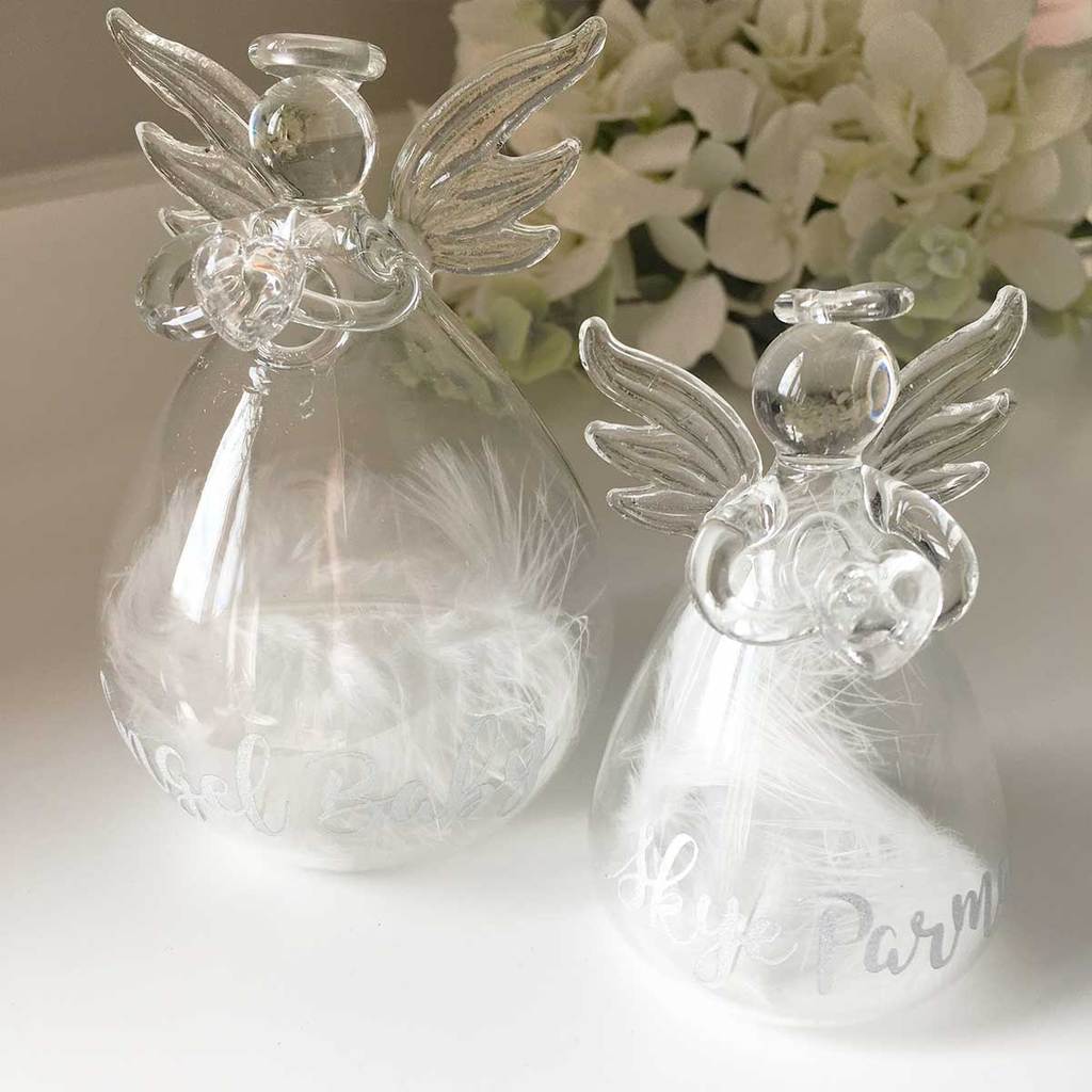 Personalised Memorial Angel. Clear Glass. Filled With White Feathers.