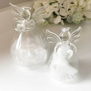 Personalised Memorial Angel. Clear Glass. Filled With White Feathers.