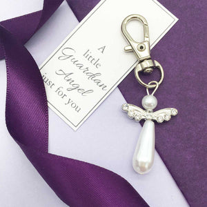 Memorial Keyring. Guardian Angel. Pearly Beads. Diamante Wings