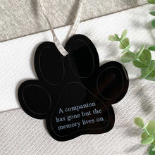 Load image into Gallery viewer, Acrylic Memorial Paw Print Hanging Decoration &#39;The Memory Lives On&#39; - Colour Options