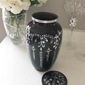 Adult Cremation Urn. Elegant black and silver hanging botancial pattern. Open lid.