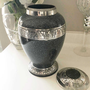 Adult Cremation Urn, Black With Silver Flecks, Silver Botanical Trim