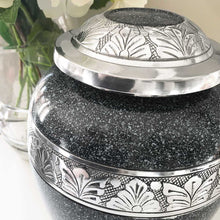 Load image into Gallery viewer, Adult Cremation Urn, Black With Silver Flecks, Silver Botanical Trim