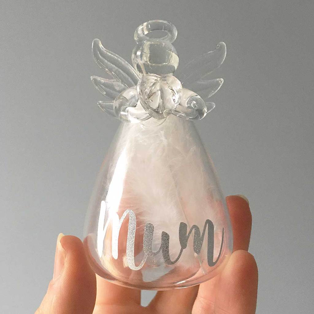 Personalised Memorial Angel. Clear Glass. Filled With White Feathers.