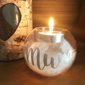 Personalised Memorial Tea Light Holder. Feather Filled Clear Glass Ball.