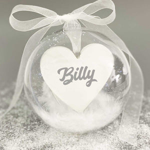 Personalised Memorial Bauble. Acrylic. 'Feathers appear when loved ones are near'.